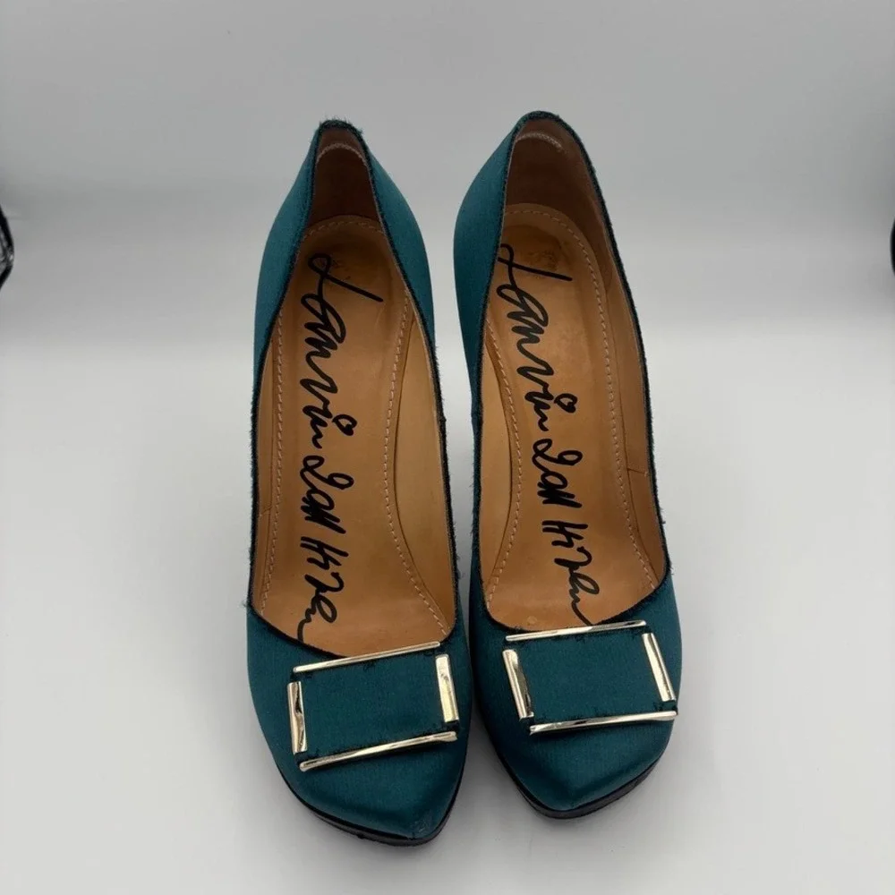 Lanvin Platform Pumps Women Sz 39 Teal Satin Buckle Stiletto Heel Luxury